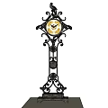 Ornate Iron Floor Clock With Golden Dial Marble Base Against Light Colored Wall Background