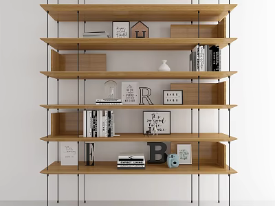 Modern Wooden Bookshelf with Metal Frame Multiple Shelves Books Decorations and Letter Decor 3d model