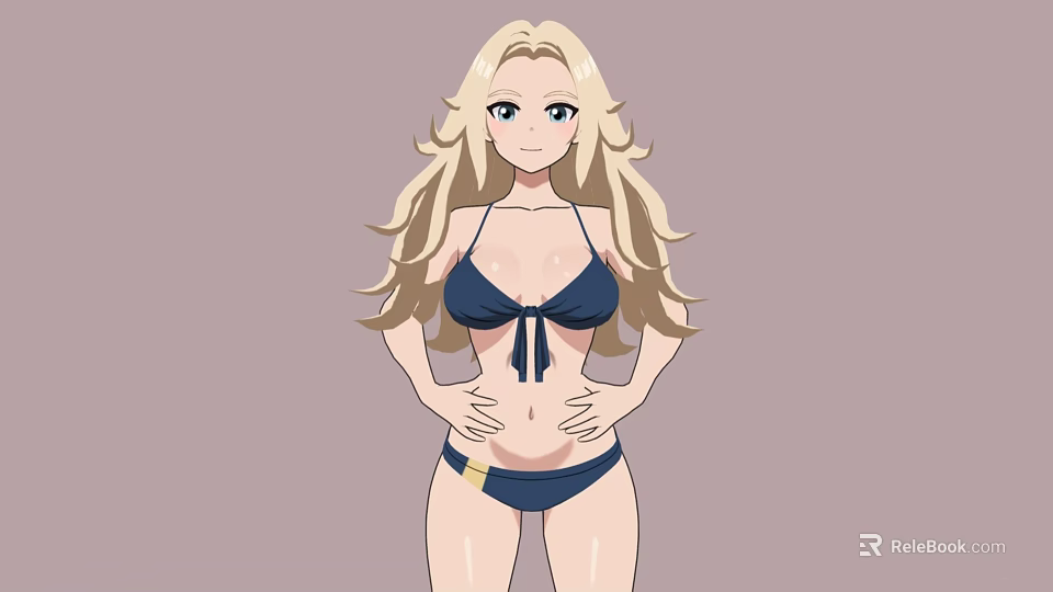 Anime Game Character With Blonde Hair Dark Blue Bikini And Hands On Hips 3d model 