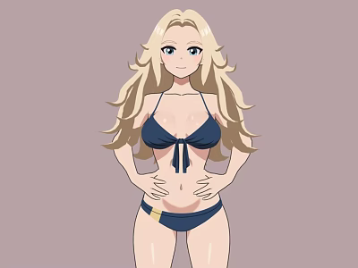 Anime Game Character With Blonde Hair Dark Blue Bikini And Hands On Hips 3d model