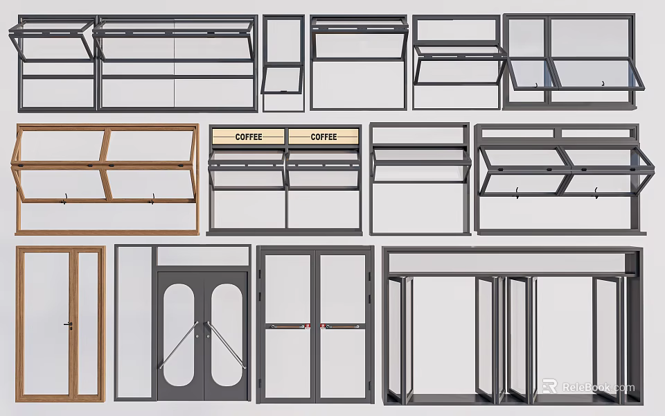 Various Window And Door Frame Designs With Glass Panels And Different Styles 3d model