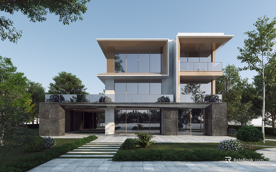 Modern Two Story Detached Villa Exterior With Large Glass Windows Balcony Stone Pathway And Greenery 3d model 