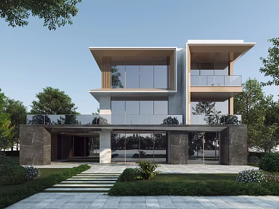 Modern Two Story Detached Villa Exterior With Large Glass Windows Balcony Stone Pathway And Greenery 3d model