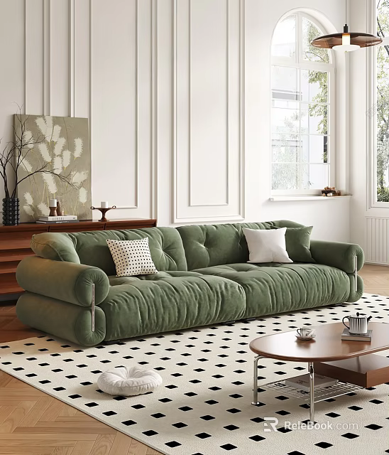 Green Velvet Two Seater Sofa With Pillows In Modern Living Room Setup 3d model 