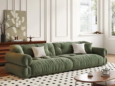 Green Velvet Two Seater Sofa With Pillows In Modern Living Room Setup 3d model