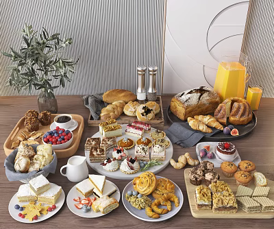 Freshly Baked Assorted Pastries Bread Croissants with Berries Figs Orange Juice and Coffee 3d model