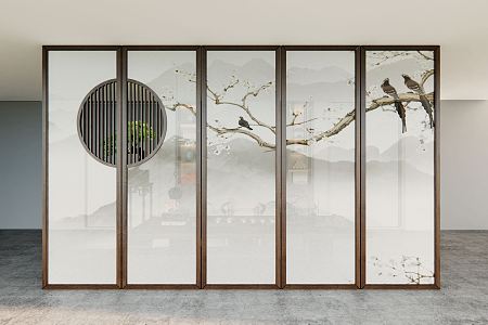 New Chinese Style Screen Zen Screen Partition Carved Partition Wooden Partition Flower and Bird Picture 3d model