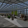 Indoor Garden Landscape With Glass Roof Wooden Flooring Living Plant Wall And Rattan Furniture