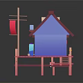 Cartoon Scene With Cute House Blue Roof Red Platform Lanterns Small Tables Chairs Flag Decorations