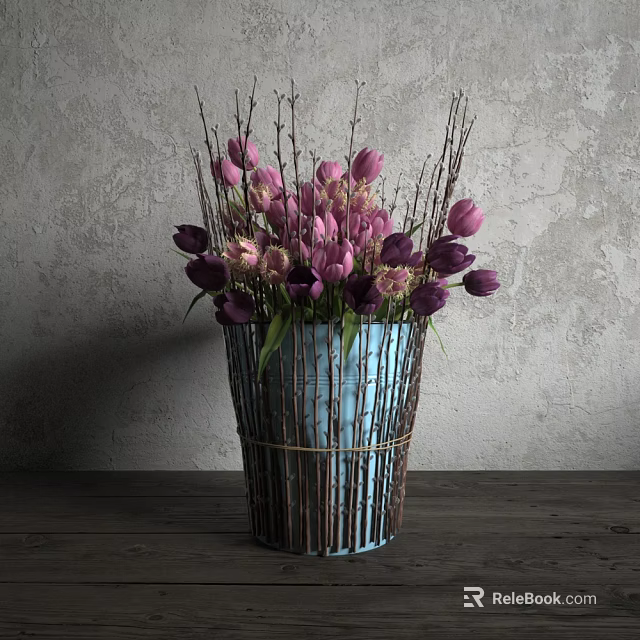 Elegant Bonsai Potted Plant with Pink Purple Tulips in Blue Vase on Wooden Tabletop 3d model 