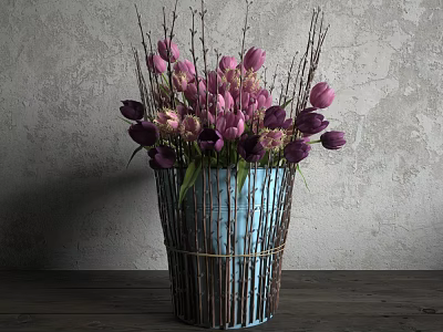 Elegant Bonsai Potted Plant with Pink Purple Tulips in Blue Vase on Wooden Tabletop 3d model