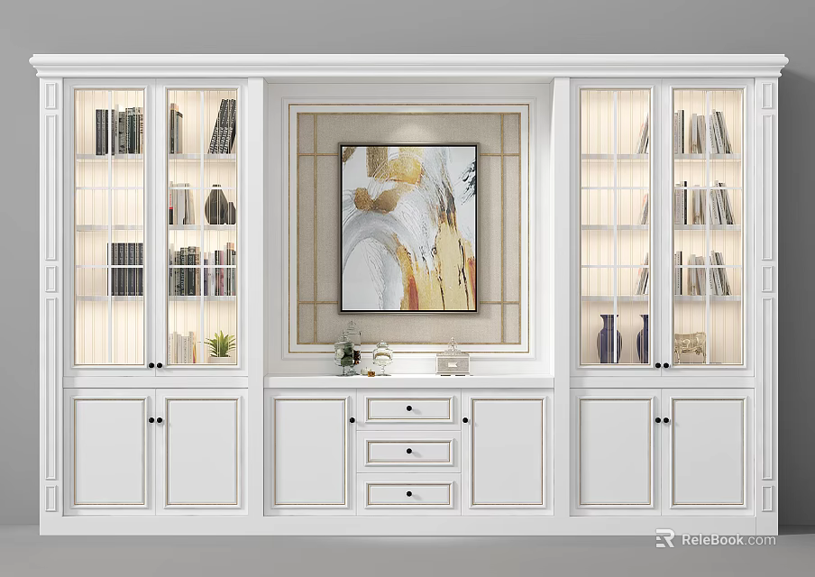 White Modern Bookcase With Glass Doors Books Decorations Artwork Drawers And Cabinets 3d model 