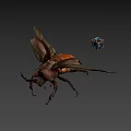 3D Render Of Large Horned Beetle With Spread Wings And Colorful Cube