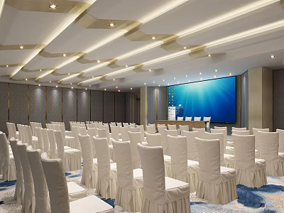 Spacious Modern Conference Room With Large Blue Screen White Chairs And Ceiling Light Strips 3d model