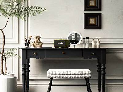 Black Dresser With Mirror Skincare Brushes Sculpture Stool And Plant Against White Wall 3d model