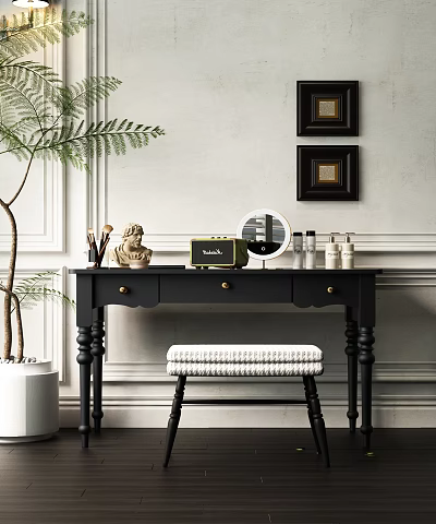 Black Dresser With Mirror Skincare Brushes Sculpture Stool And Plant Against White Wall 3d model