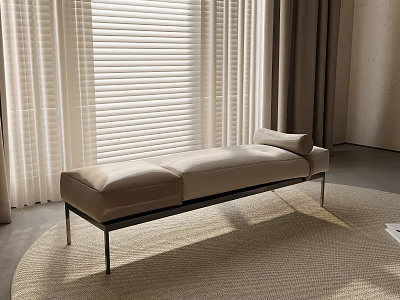 Modern Beige Bench With Metal Legs On Woven Rug By Window Blinds And Curtains 3d model