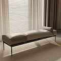 Modern Beige Bench With Metal Legs On Woven Rug By Window Blinds And Curtains