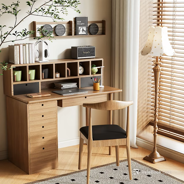 Wooden Home Office Desk With Shelf Books Coffee Maker Potted Plant Chair And Floor Lamp 3d model 
