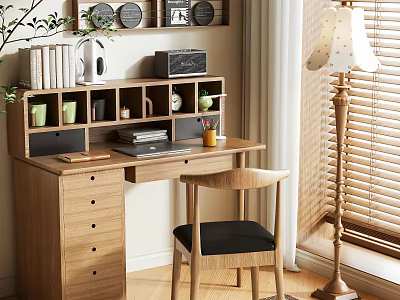 Wooden Home Office Desk With Shelf Books Coffee Maker Potted Plant Chair And Floor Lamp 3d model