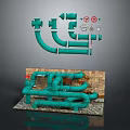 Green Pipe System With Various Fittings And Brick Base Installation Model 3d model