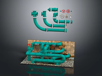 Green Pipe System With Various Fittings And Brick Base Installation Model 3d model