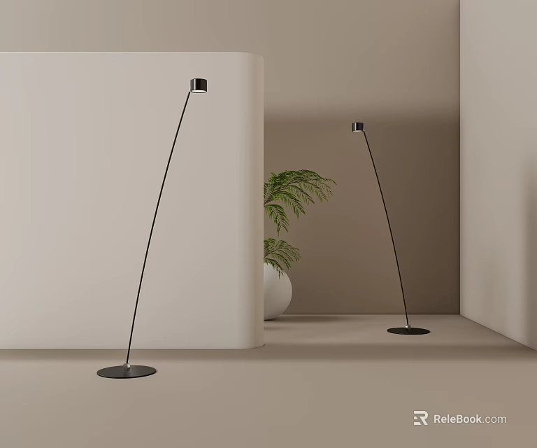 Modern Curved Floor Lamps In Minimalist Room With Green Plant And Light Background 3d model 