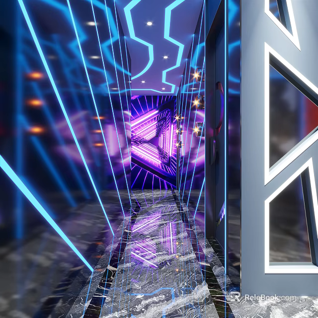 Modern KTV Corridor With Neon Lights Purple Blue Illumination And Mirror Flooring 3d model 