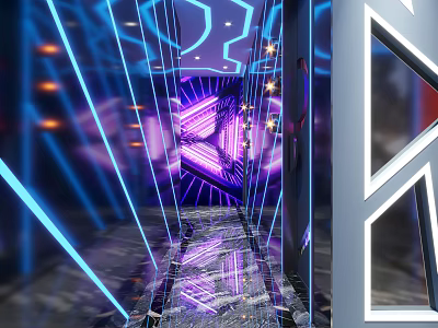Modern KTV Corridor With Neon Lights Purple Blue Illumination And Mirror Flooring 3d model