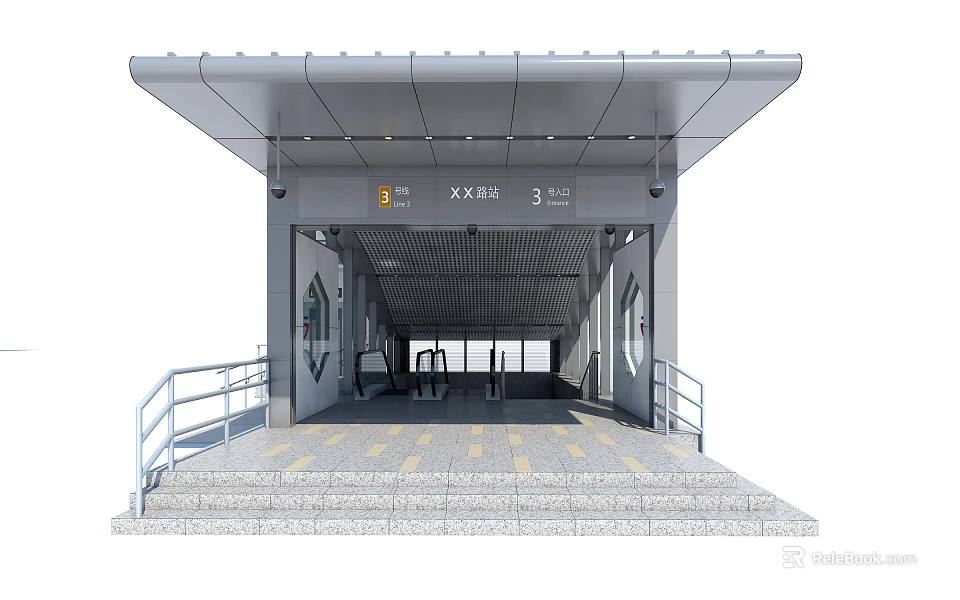 Modern Subway Station Entrance With Metal Canopy Staircase And Platform 3 Signage 3d model 