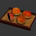 Delicious Chinese Pastries With Red Yellow Crust One Cut Open Showing Filling On Wooden Tray