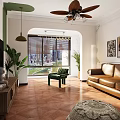 Stylish Living and Dining Room Interior With Brown Leather Sofa Green Armchair And Decorative Paintings