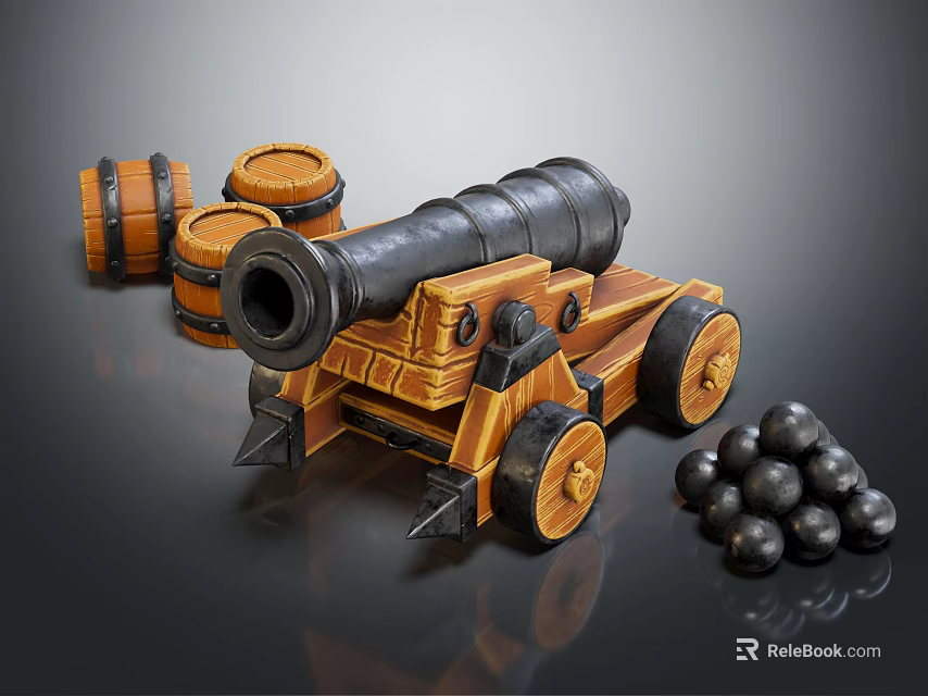Antique Military Cannon On Wooden Wheels With Stacked Barrels And Iron Cannonballs 3d model 