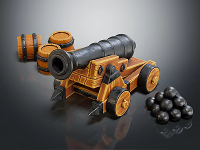 Antique Military Cannon On Wooden Wheels With Stacked Barrels And Iron Cannonballs 3d model