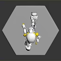 White Robot Game and Movie Character With Yellow Purple Head Standing on Hexagonal Base