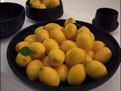 Ripe Juicy Lemons in Black Bowl with Green Leaves on White Table 3d model