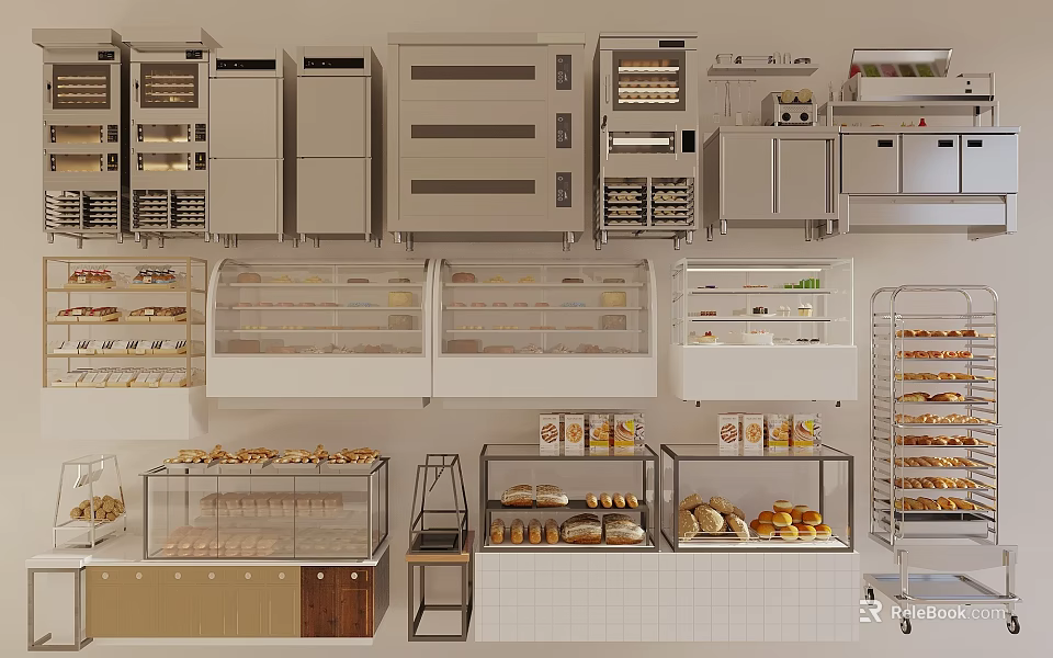 Bright Dessert Shop Interior With Fresh Pastries Glass Display Cases And Stainless Steel Ovens 3d model 
