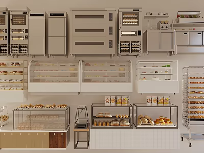 Bright Dessert Shop Interior With Fresh Pastries Glass Display Cases And Stainless Steel Ovens 3d model