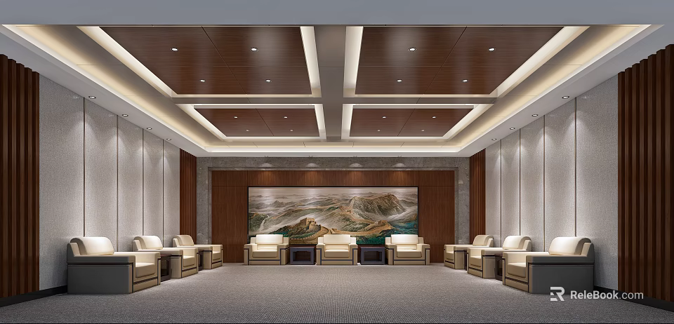 Hotel Public Lounge Area With Comfortable Sofas Large Decorative Painting And Modern Ceiling Design 3d model 