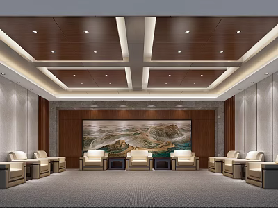 Hotel Public Lounge Area With Comfortable Sofas Large Decorative Painting And Modern Ceiling Design 3d model