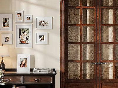 Multiple Photo Frames Hanging On Wall With Wooden Cabinet And Table Lamp Decor 3d model