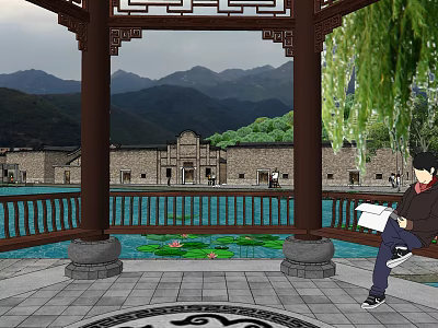 Ancient Architecture Pavilion With Lotus Pond Weeping Willows And Mountain View 3d model