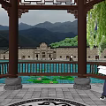 Ancient Architecture Pavilion With Lotus Pond Weeping Willows And Mountain View