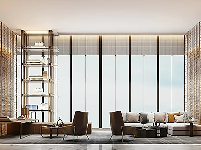 Modern Luxury Hotel Lobby Interior With Floor to Ceiling Windows Comfortable Sofa and Decorative Shelf 3d model