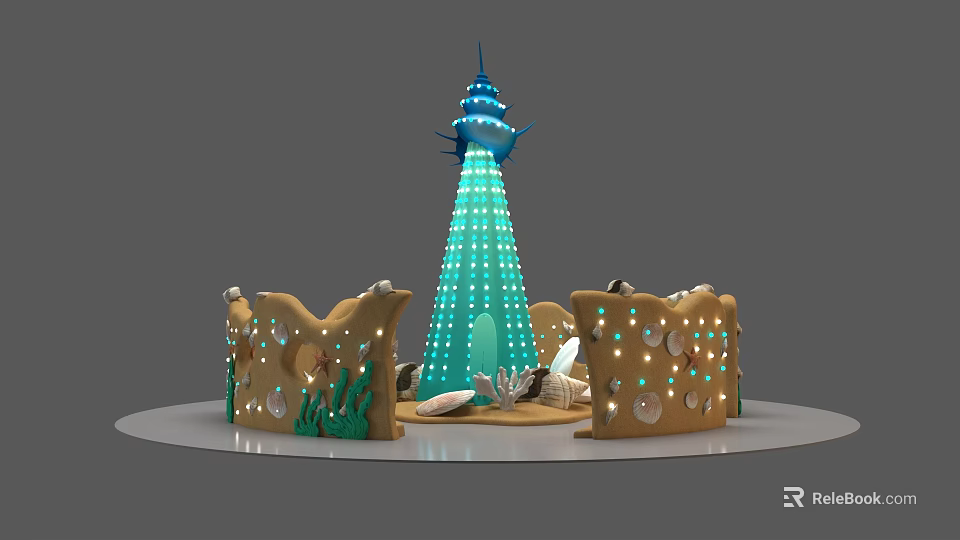 Fantasy Scene With Blue Lighted Tower Brown Decorative Walls Green Plants And Shells 3d model 
