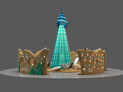 Fantasy Scene With Blue Lighted Tower Brown Decorative Walls Green Plants And Shells 3d model