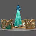 Fantasy Scene With Blue Lighted Tower Brown Decorative Walls Green Plants And Shells