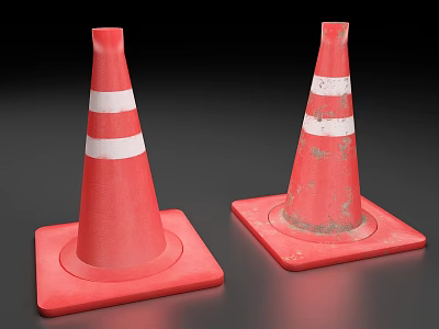 Two Red Traffic Cones With White Stripes And Square Base New And Worn 3d model