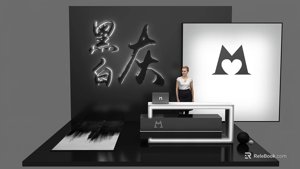 Modern Black White Gray Reception Desk With Person And M Logo Interior 3d model 