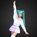 Woman With Long Turquoise Hair Striped White Top Pastel Pink Purple Skirt Striped Thigh High Socks Dancing Pose